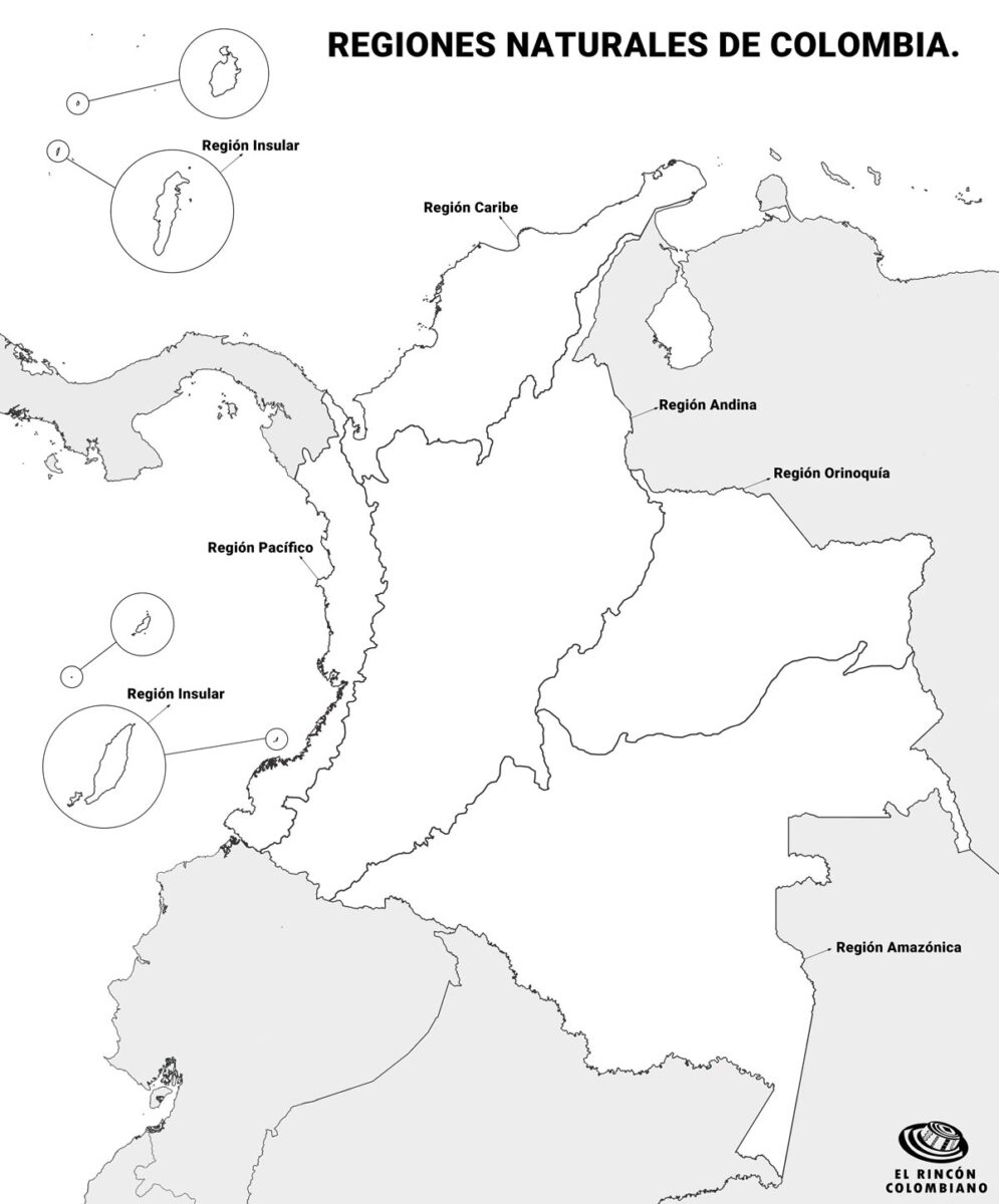 Croquis del Mapa de Regiones Naturales de Colombia con nombres