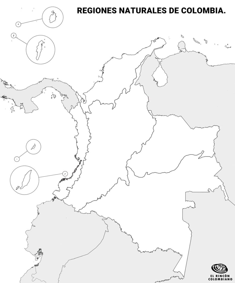 Croquis del Mapa de Regiones Naturales de Colombia sin nombres.