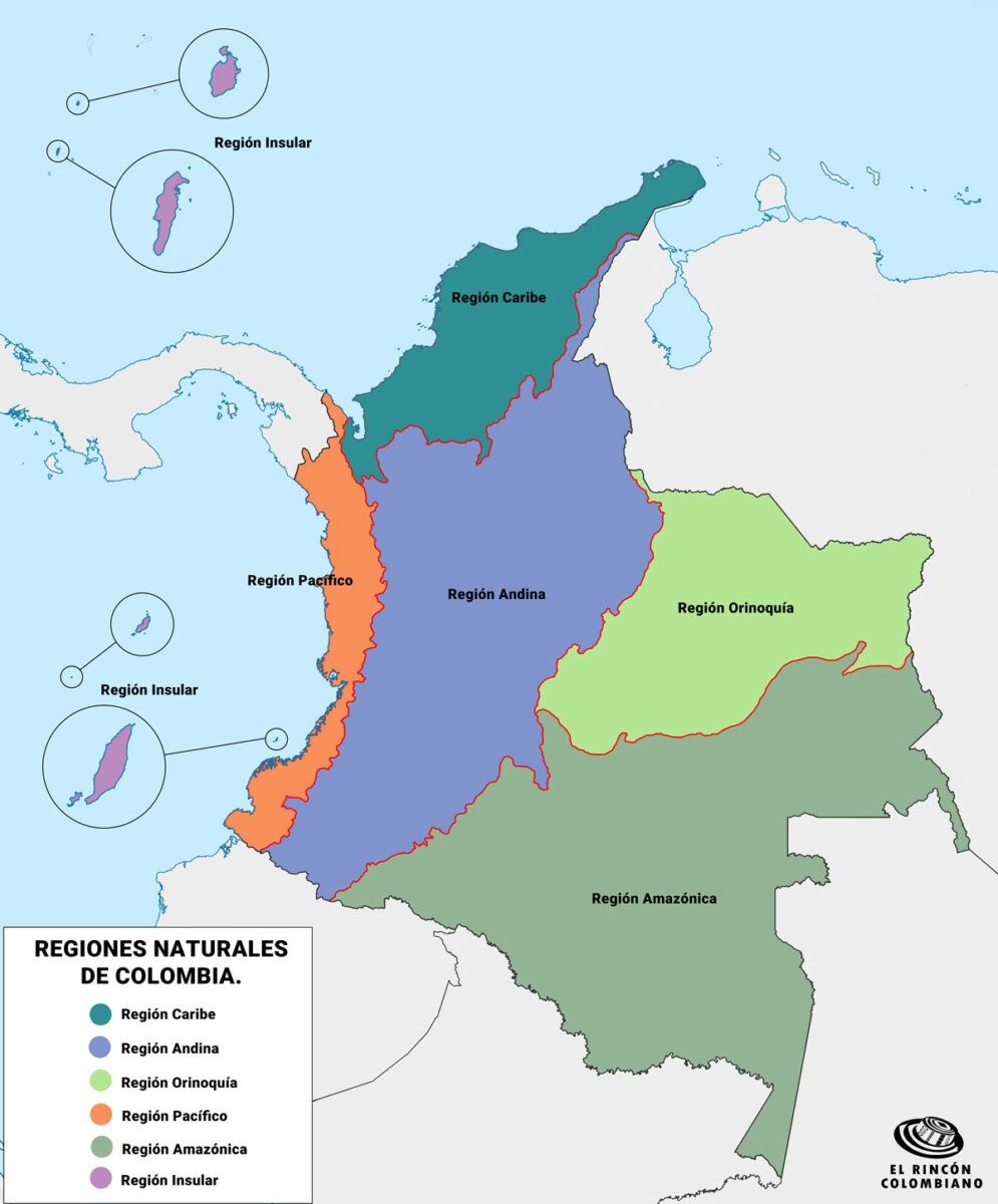 Mapa de Regiones naturales de Colombia con nombres.