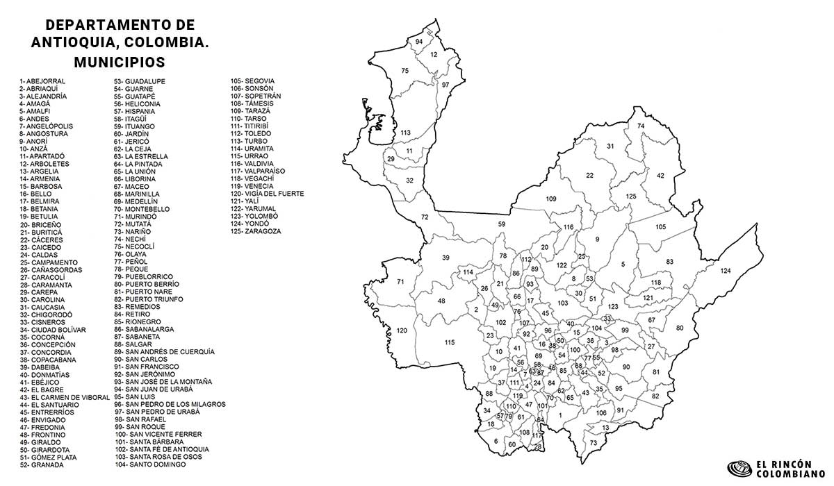 Mapa de Antioquia con nombres de Municipios.