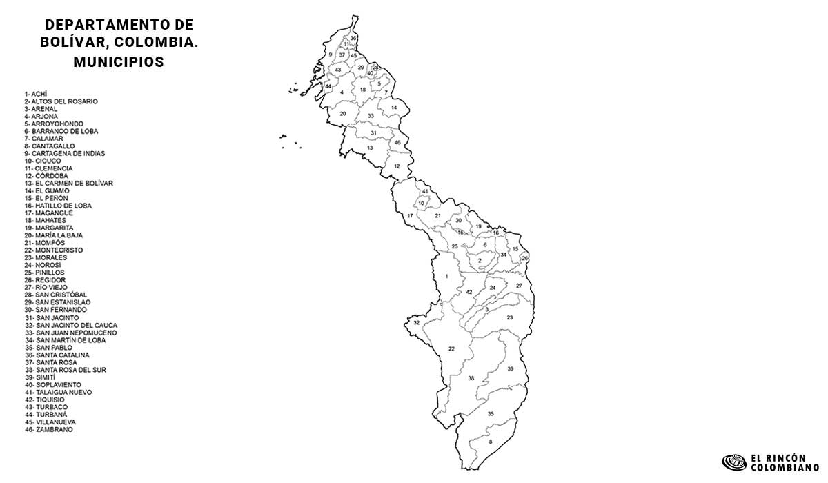 Mapa de Bolívar con nombres de Municipios.