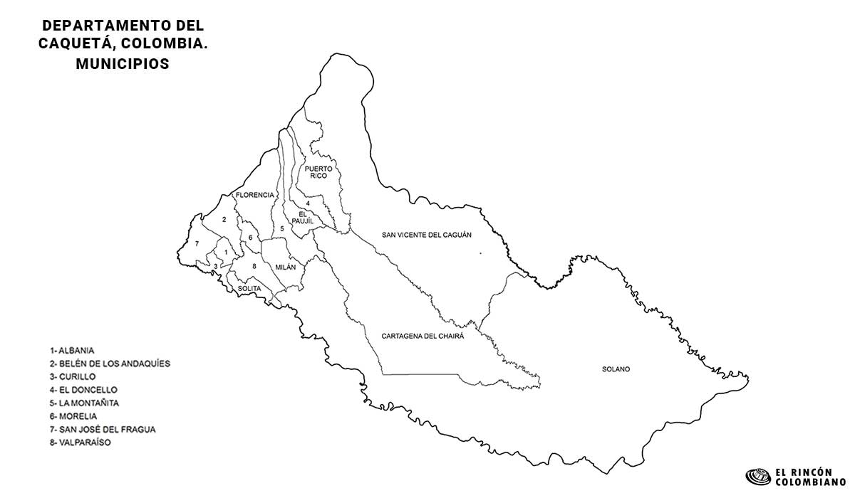 Mapa del Caquetá con nombres de Municipios.