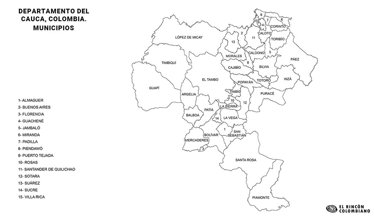 Mapa del Cauca con nombres de Municipios.