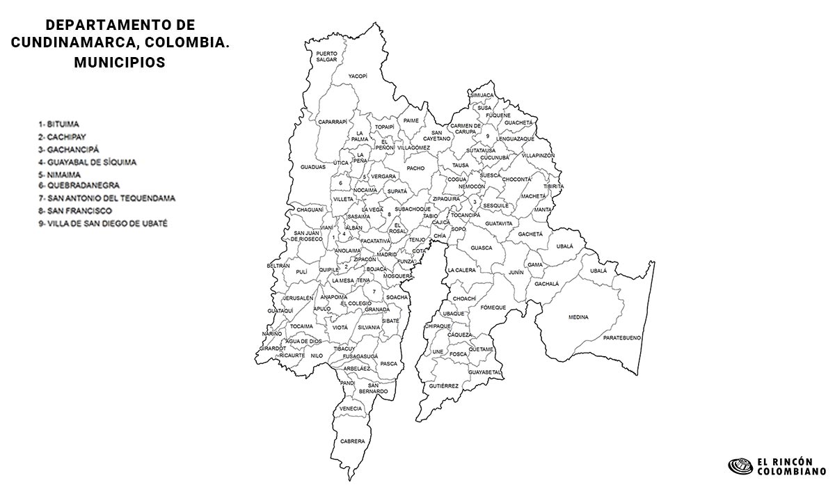 Mapa de Cundinamarca con nombres de Municipios.