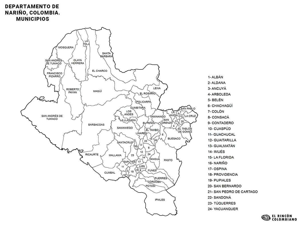 Mapa de Nariño con nombres de Municipios.