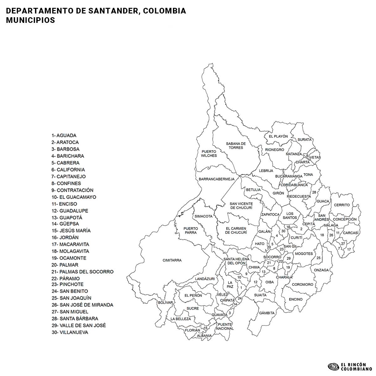 Mapa del Santander con nombres de Municipios.