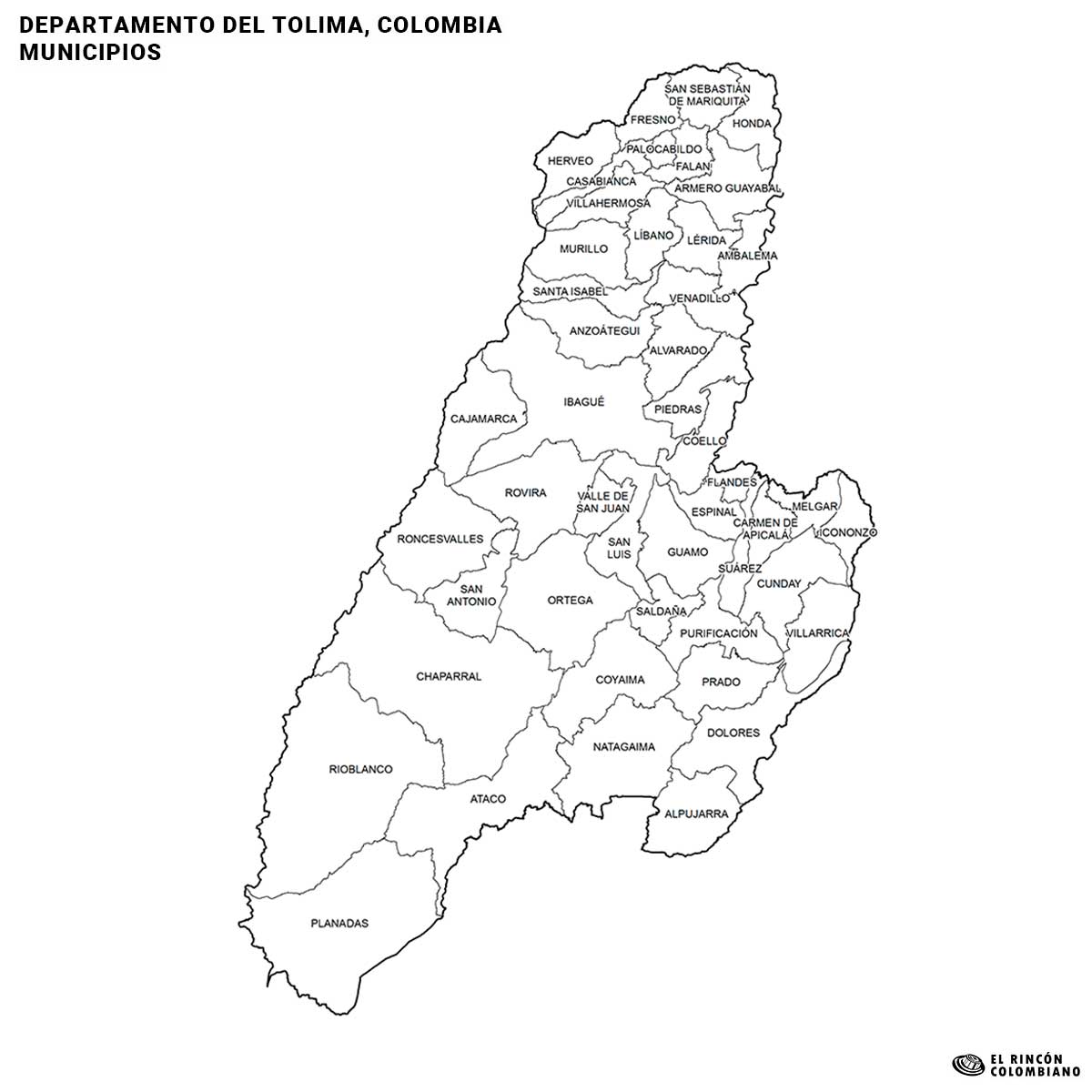 Mapa del Tolima con nombres de Municipios.