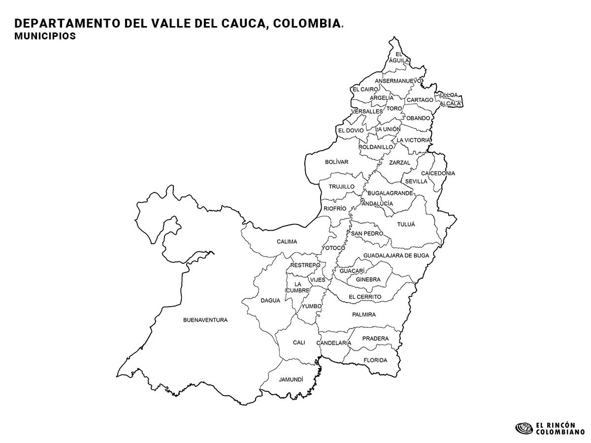 Mapa del Valle del Cauca con nombres de Municipios.