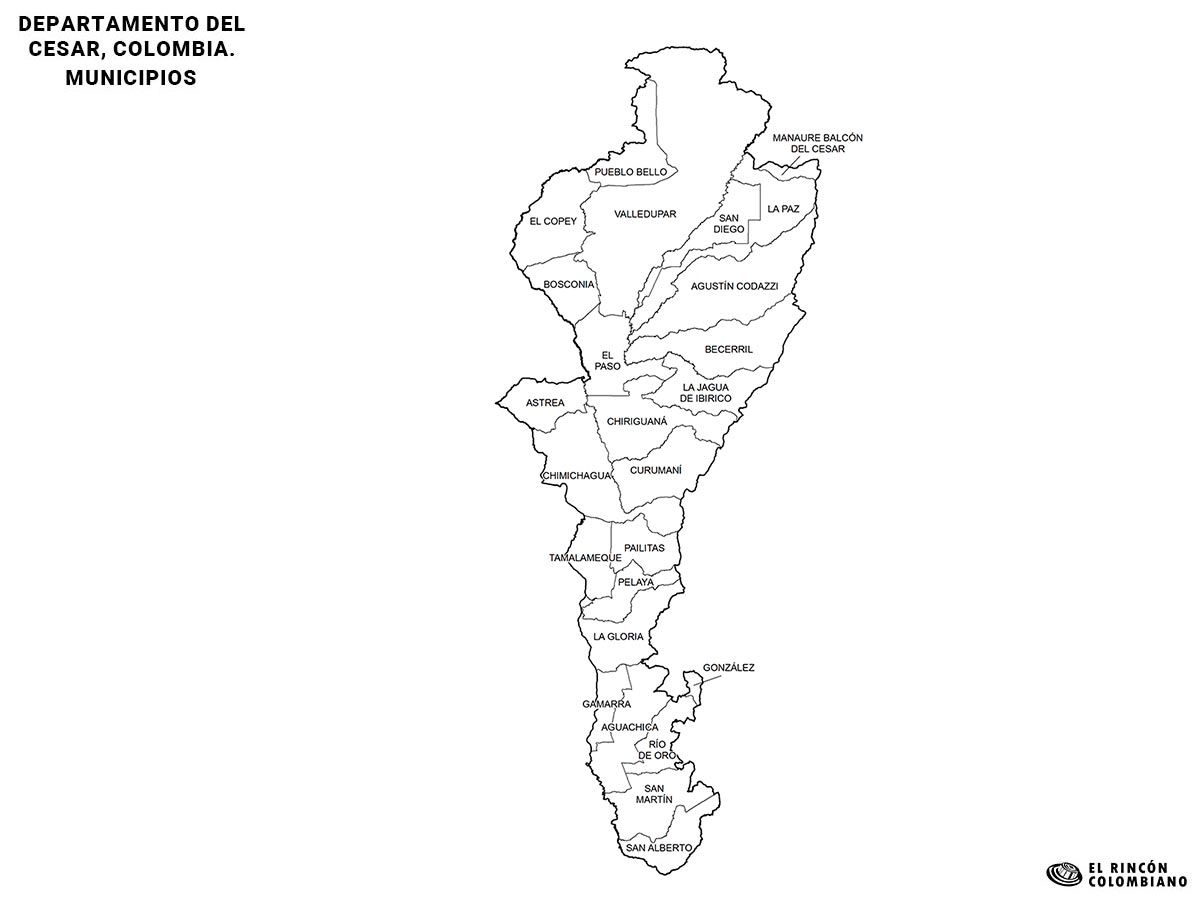 Mapa del Cesar con nombres de Municipios.