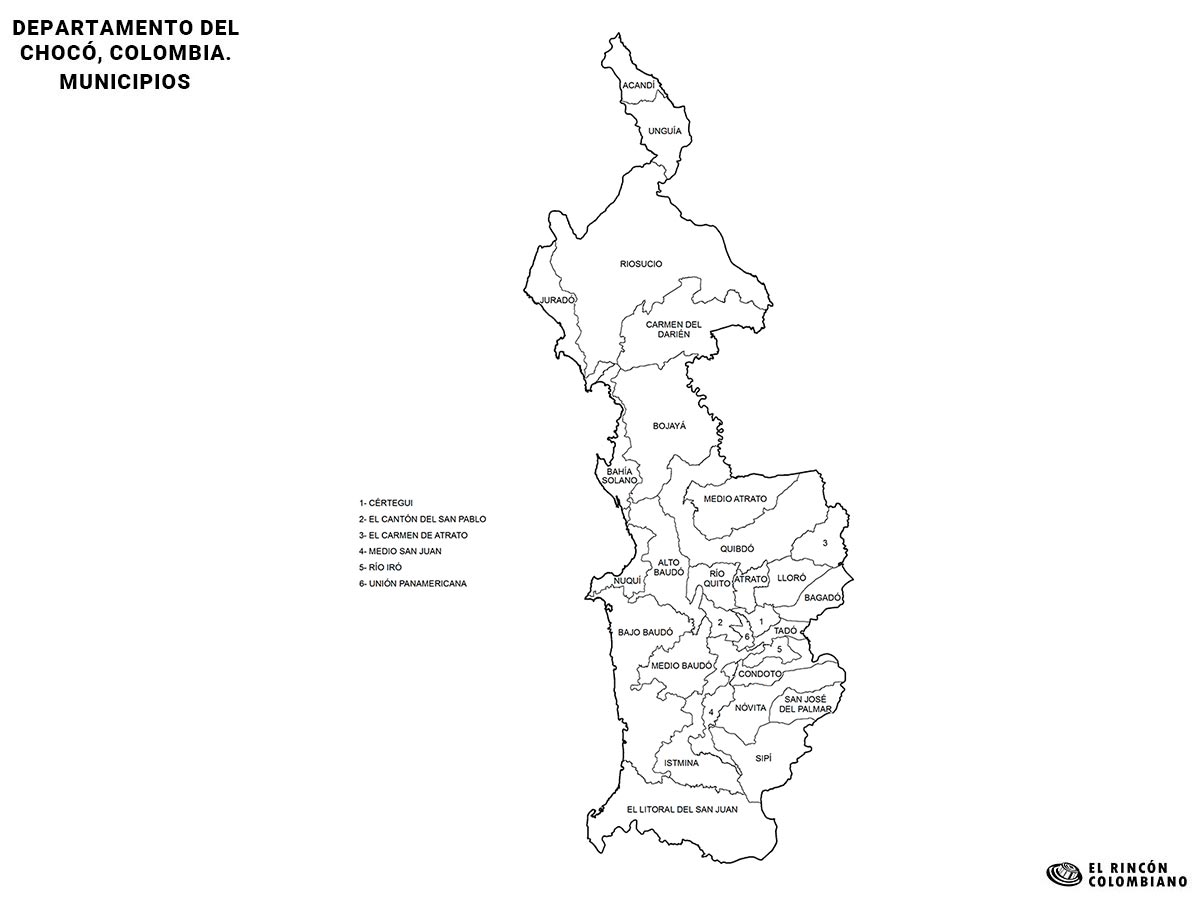 Mapa del Chocó con nombres de Municipios.