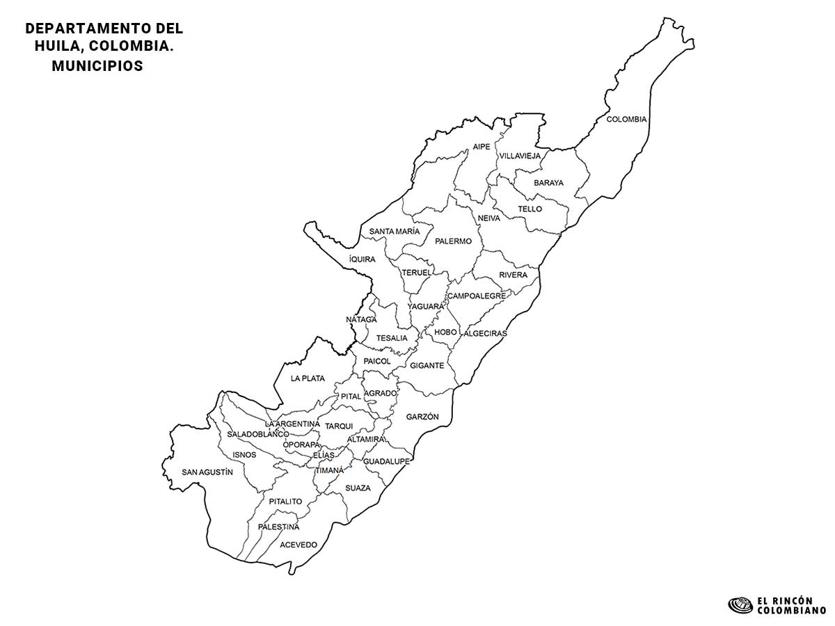 Mapa del Huila con nombres de Municipios.