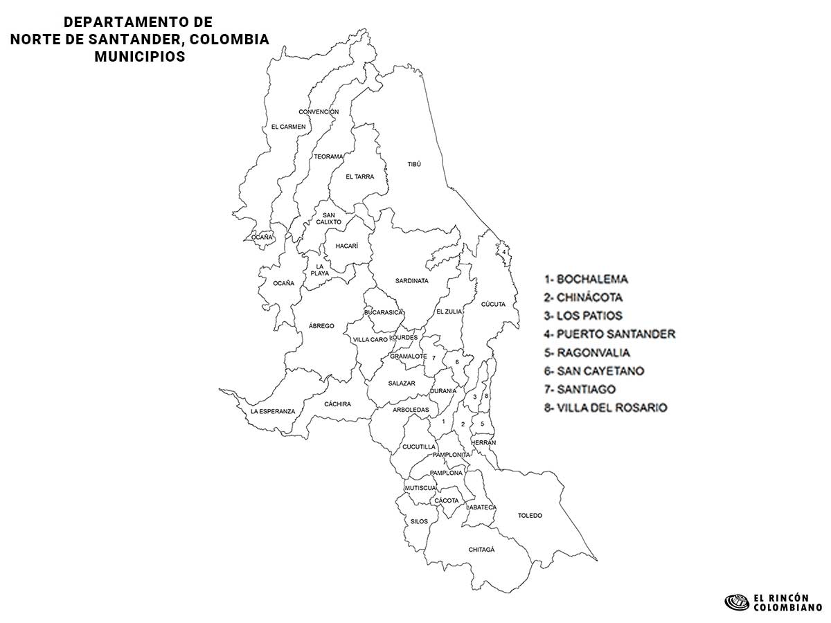 Mapa del Norte de Santander con nombres de Municipios.