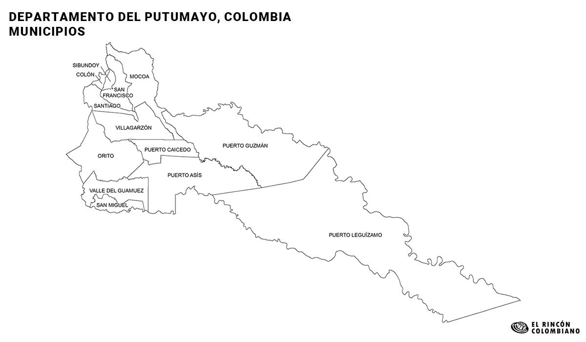 Mapa del Putumayo con nombres de Municipios.